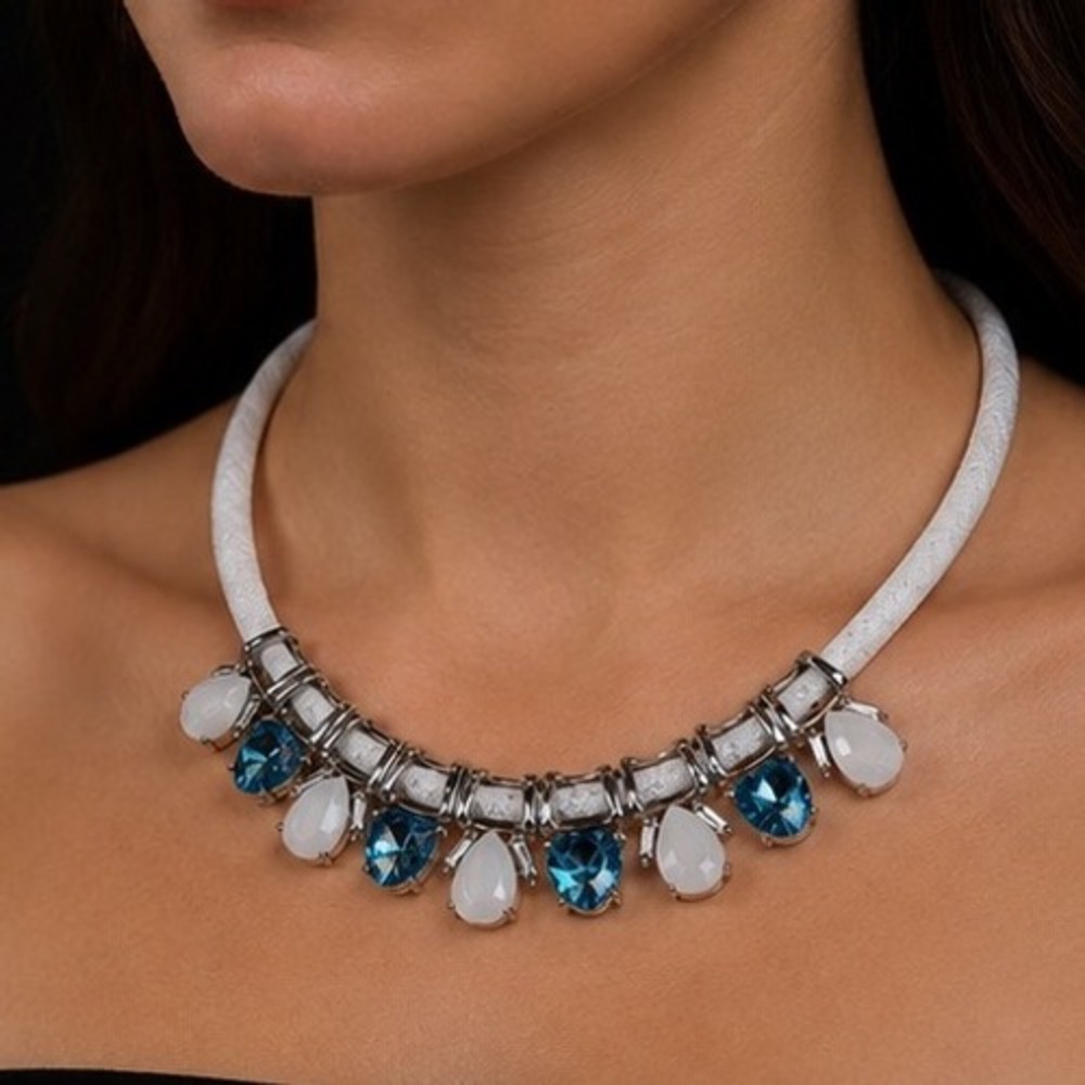 White Mesh Bib Necklace Blue White Teardrop Crystal Silver Tone Statement Collar - Picture 2 of 8